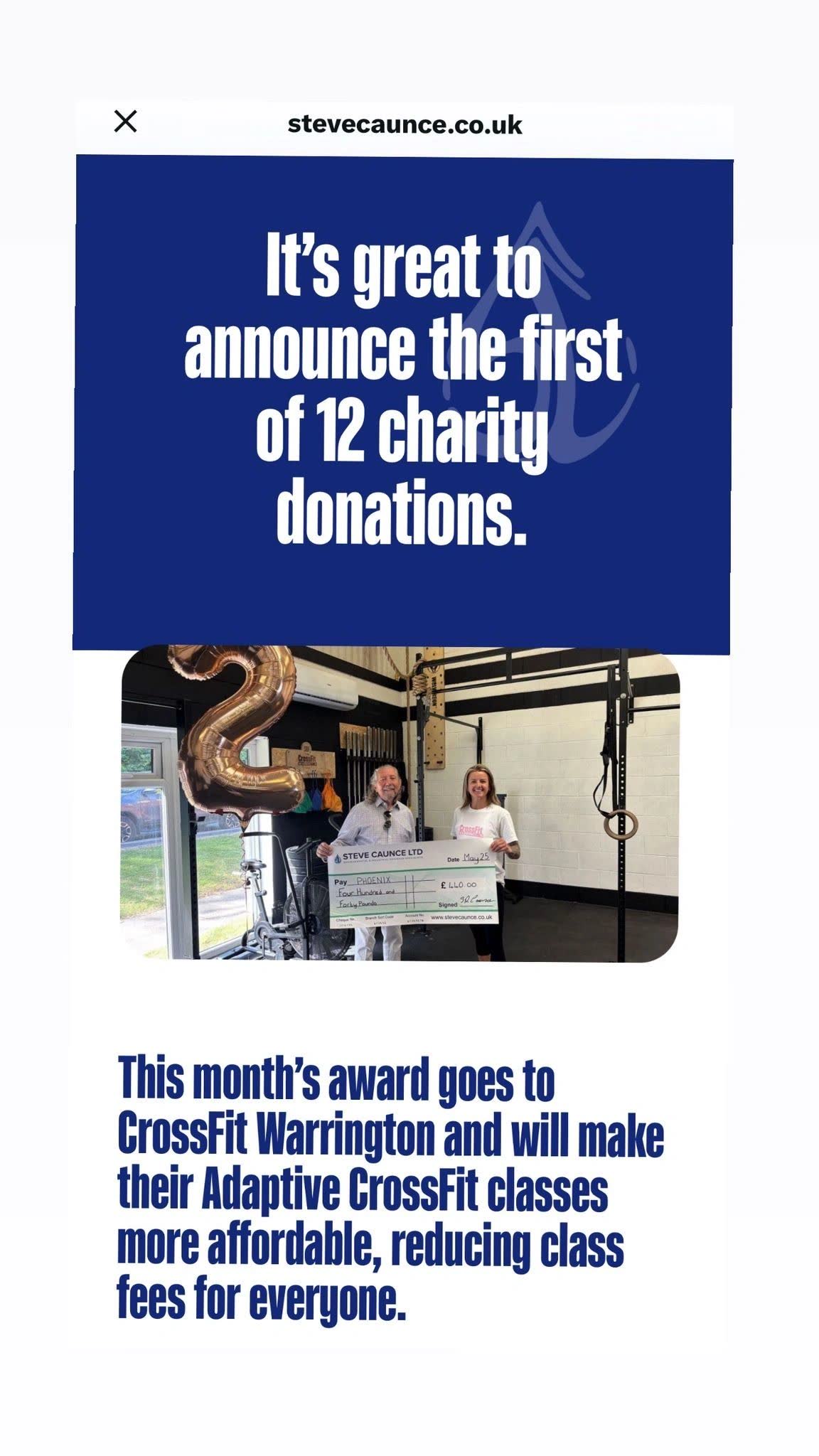 Steve Caunce Ltd announcement of its charity donation to CrossFit Warrington’s Adaptive CrossFit classes, with the cheque handover