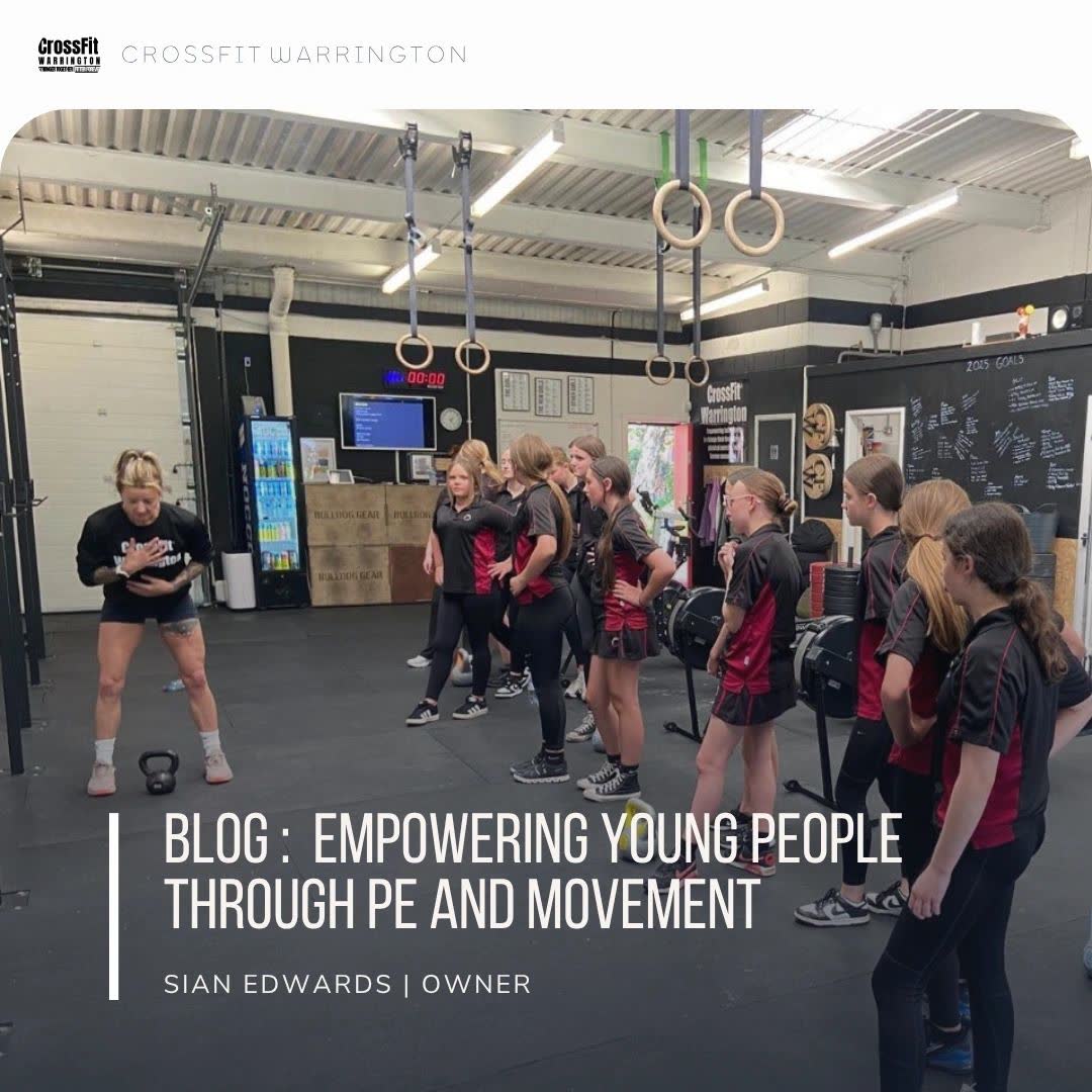 A coach leading a group of schoolgirls in the gym, with the blog title over the photo