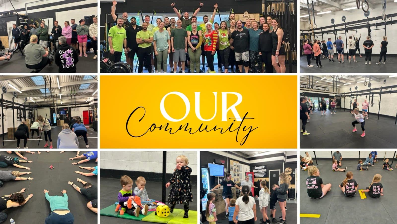 A collage of class photos from the gym around the words Our Community