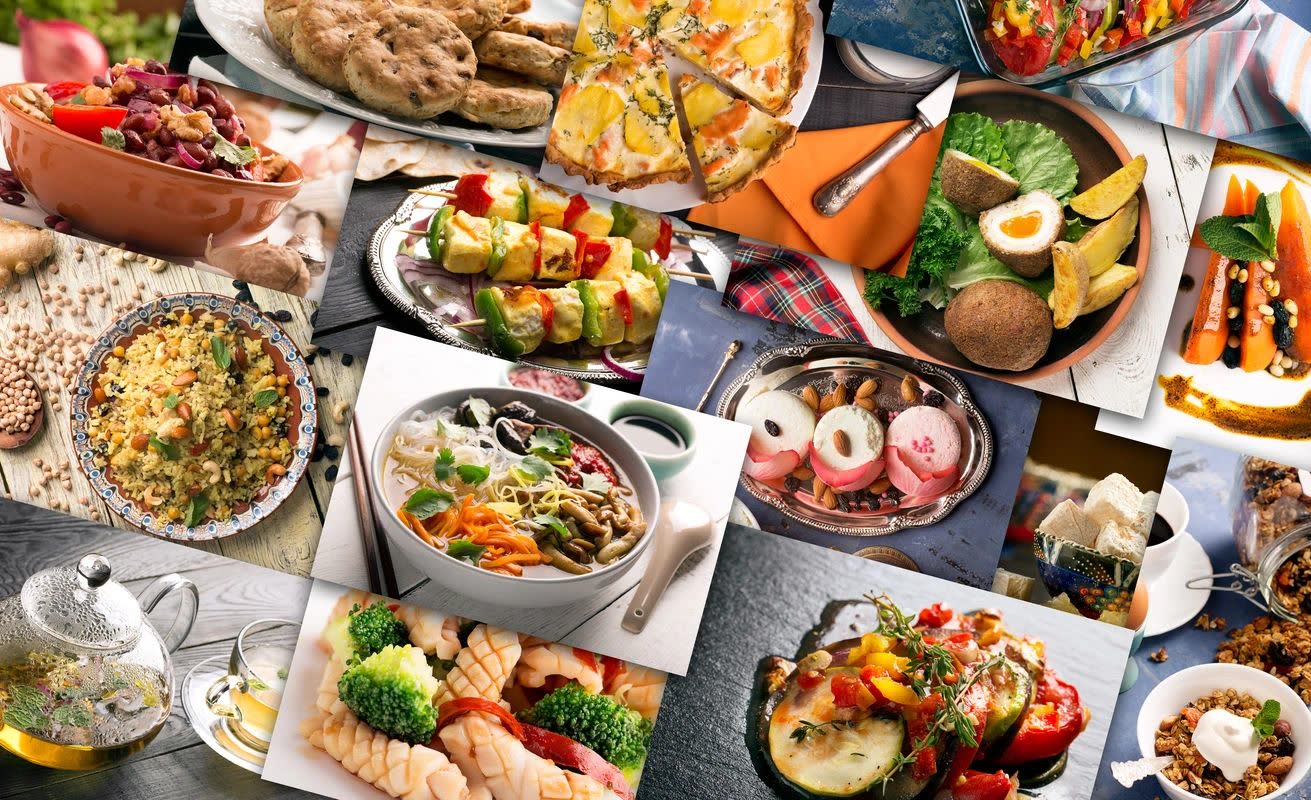 A spread of healthy meals: salads, fish, eggs, vegetables and grains