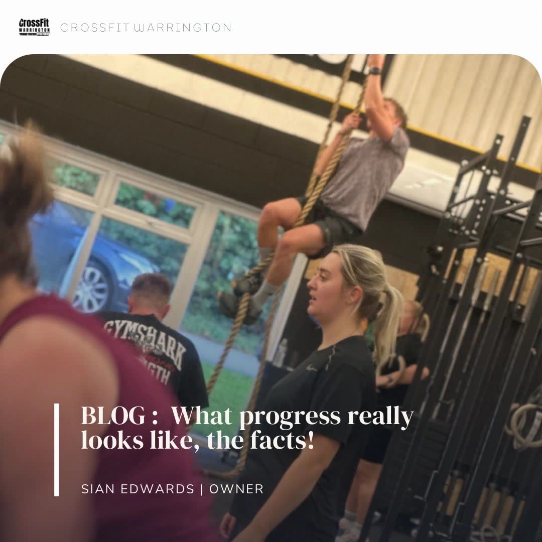 Blog cover: What progress really looks like, the facts! A member climbing a rope in the gym