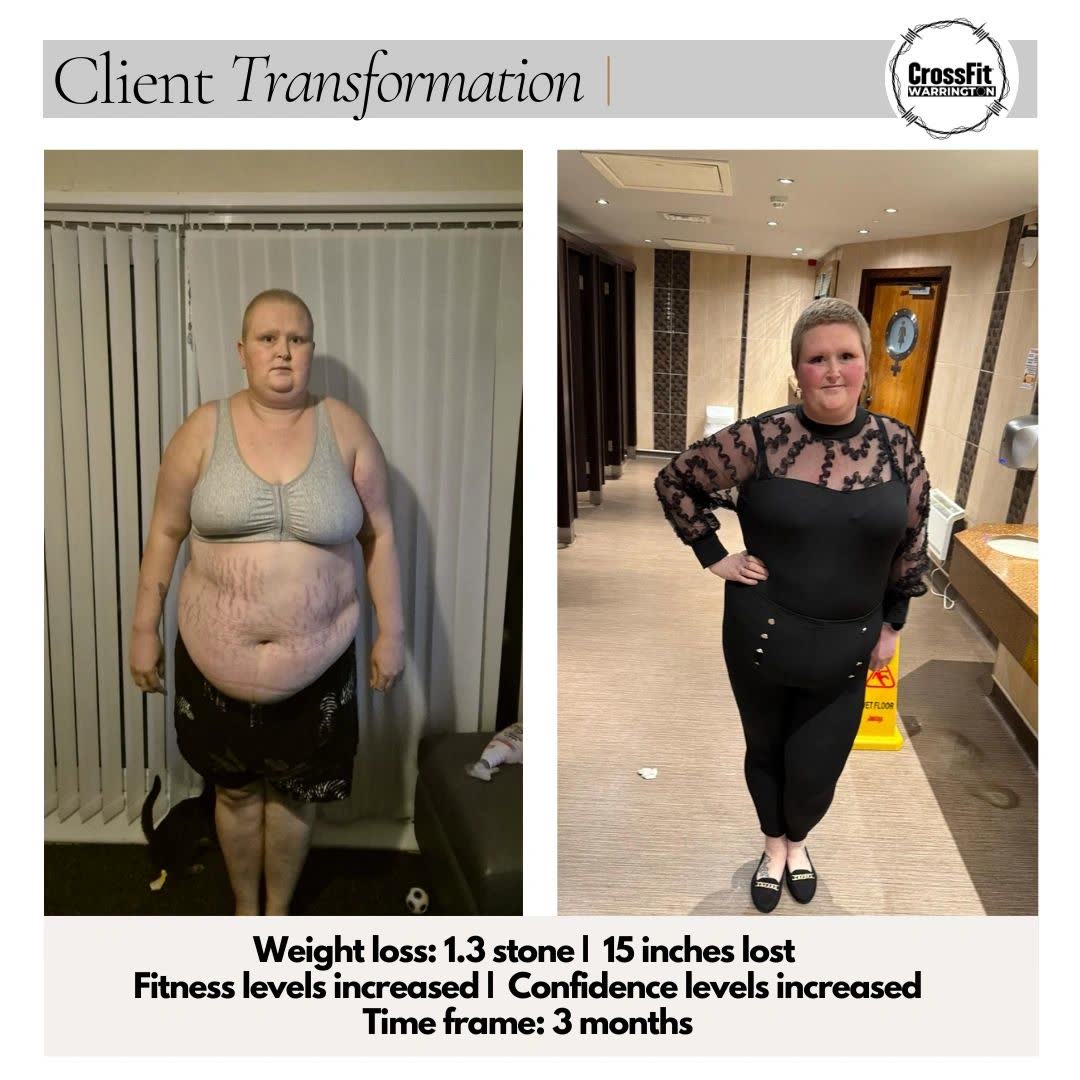 Client transformation photos, before and after: 1.3 stone and 15 inches lost in 3 months