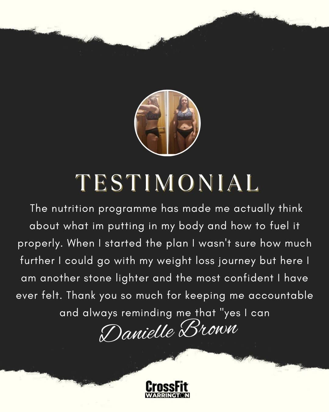Testimonial from Danielle Brown: another stone lighter and the most confident she has ever felt