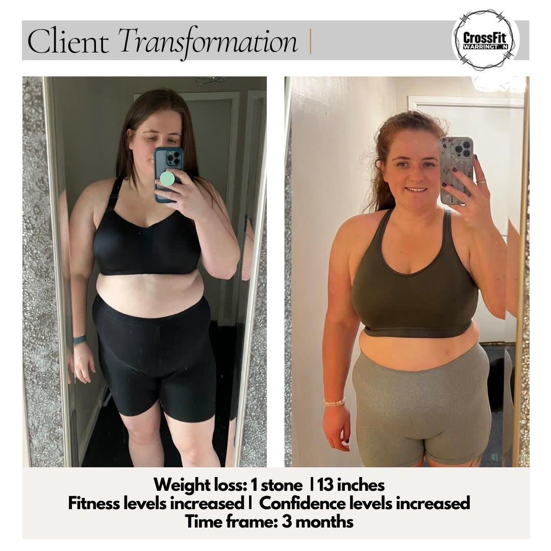 Client transformation photos, before and after: 1 stone and 13 inches lost in 3 months